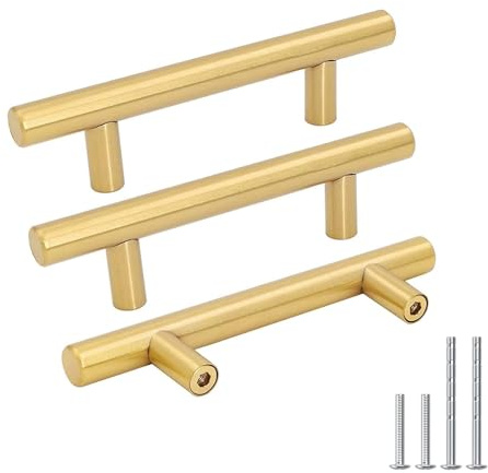 Goldenwarm 10 Pack 3 inch Gold Cabinet Handles Brushed Gold Cabinet Pulls Stainless Steel Drawer Pulls, Durable Kitchen Cabinet Handles - Bathroom Bedroom Dresser Handles Easy DIY Upgrade
