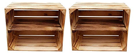 Teramico Massive Holzkisten als Schuhregal Bücherregal LEICHT GEFLAMMT mit Zwischenbrett (verschraubt) Obstkiste Weinkiste Kisten-Regal Deko (2er Set Längs)
