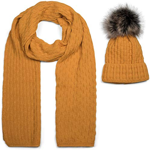 styleBREAKER Unisex Strick-Set Schal Bommelmütze Winter | 35x220 cm Tuch. Kopfbedeckung mit Flecht-Muster und wärmendem Thermo-Fleece-Futter (Bund 22 cm), Ø 12 cm Fake-Fur-Pompon.