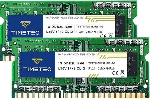 Timetec Kit 8 Go (2x4 Go) DDR3L / DDR3 1866 MHz PC3L-14900 / PC3-14900 Non-ECC sans Tampon 1,35 V / 1,5 V CL13 1Rx8 Simple Rang 204 Broches SODIMM pour Ordinateur Portable mémoire RAM