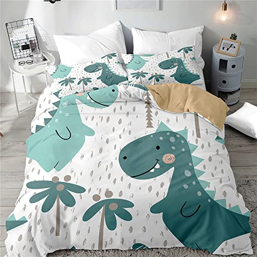 Morbuy-Shop Bettwäsche Kinder 155x220cm Kinderbettwäsche Jungen Dinosaur Bettbezug Weiß Blau Muster 3 teilig Bettwäsche mit 2 Kissenbezug 50x75cm
