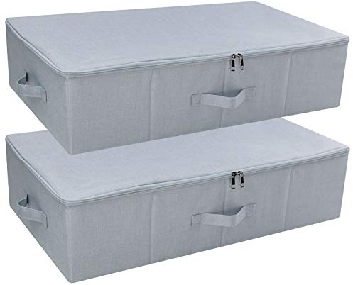 Amonsen 2pcs Folding Zip Lidded Under Bed Storage Bins, Good for Shoes, Duvets, Clothes Organizer, Light Gray