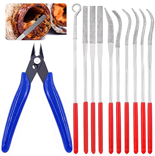 Mardatt Juego de 11 mini limas de diamantes surtidos que contienen pequeñas agujas planas cuadradas de forma redonda, lima de agujas multiuso con cortador adicional para carpintería, joyeros, metal