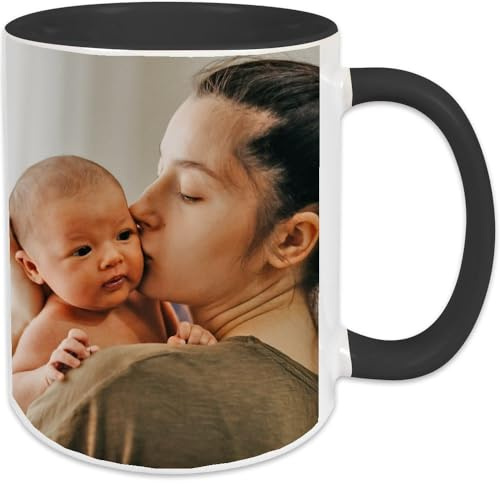 Ocadeau Mug céramique blanc et noir personnalisé photo – Mug blanc avec intérieur et anse noir – Impression photo sur ce mug - Tasse personnalisable
