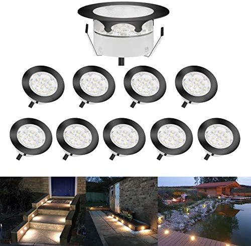 CHNXU 10er Set LED Treppen Bodeneinbaustrahler Warmes Weiß Terrassenbeleuchtung Bodenspots Ø60mm IP67 Wasserdicht DC 12V 1,5W innen Außen Lampe Boden Einbauleuchten Küche Garten Dekolicht, Schwarz