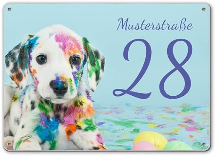 banjado® Hausnummernschild personalisierbar Motiv Bunter Dalmatiner - Hausschild personalisiert Draußen mit Straßennamen möglich - Hausnummernschild Edelstahl versch. Motive - inkl. Montagematerial