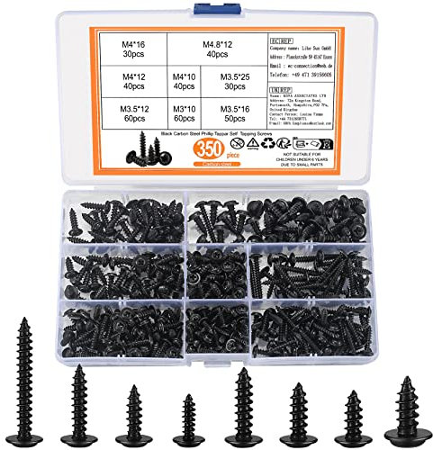 350 Pièces Autotaraudeuses, Autoperceuses Noires, à Tête Plate, Cruciforme, à Bois, pour Cloison Sèche en Acier Carbone, M3 M3.5 M4 M4.8