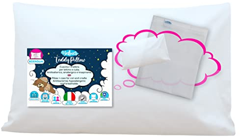 4BABIES-Set Kissenbezug+Kopfkissen 40x60 cm-Made in Italy-Oeko-TEX Zertifiziert-Kissen Babybett und Kopfkissenbezug mit Beutelverschluss 100% Reiner Baumwolle-Kissen + Kissenbezug Weiss
