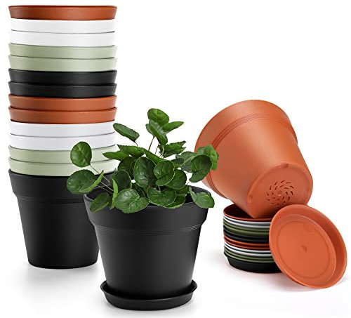 FHWTY Set di 16 vasi in plastica con fori di drenaggio e vassoio, piante da interno da 10 cm, vasi da vivaio per fiori, viola africano, piante grasse e tutte le piante d'appartamento, colorati