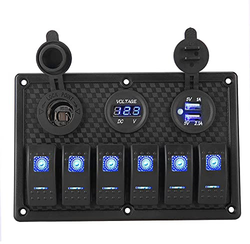 Riloer 6 Gang Kombi-Schalttafel, 12V / 24V Marine Boot Auto RV Dual USB Toggle Kippschalter Überlastschutz mit LED Licht, mit Voltmeter