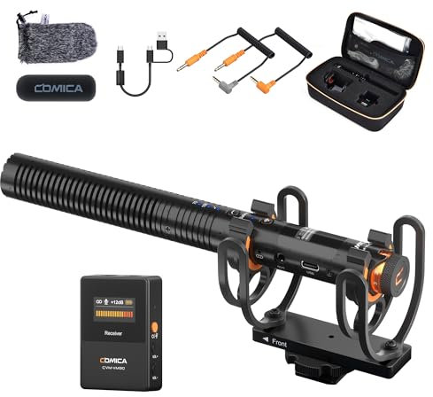 COMICA VM30 Drahtloses Shotgun Mikrofon Mit Sender, Super-Kardioid Kondensor, Wireless Richtmikrofon für Filmemacher, Interviews, Reporter, YouTube-Videoaufnahmen, Podcasts