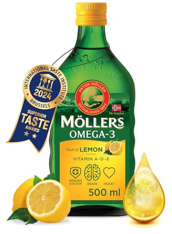 Moller’s ® | Olio di fegato di merluzzo Omega 3 | Integratori alimentari di omega-3 con EPA, DHA, vitamine A, D ed E | Superior Taste Award | Marchio esistente da 166 anni | Limone | 500 ml