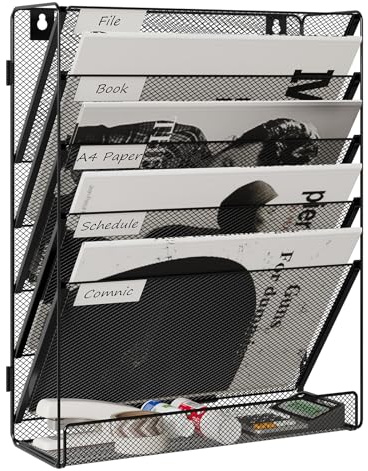 Senhoglb 6 Fächer zeitungshalter Wand Metall A4 Zeitschriftenhalter Wand Dokumentenablage Hängeregister Zeitschriftenständer Flyerhalter Prospektspender mit 5 Fächern und 1 Tablett ohne Seite, Schwarz