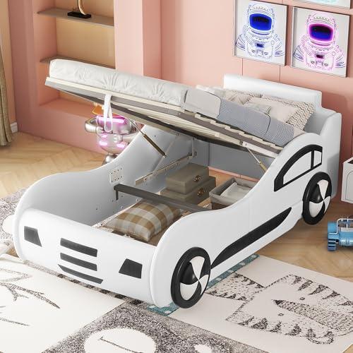 Dolamaní Kinderautobett 90 x 200 cm mit stauraum, Autobett mit Latterost Flachbett aus MDF, Kinderbett mit rausfallschutz für kleine Rennfahrer, Jungen und Mädchen, PU (90 x 200 cm - B, Weiß)