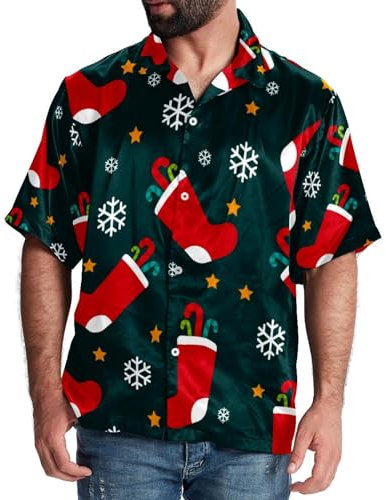 Luoweisi Rote Weihnachtsstrümpfe für Herren, kurzärmelig, lässig, Button-Down-Shirts, lässig, Hawaii-Hemden, Größe S, Rote Weihnachtsstrümpfe, S