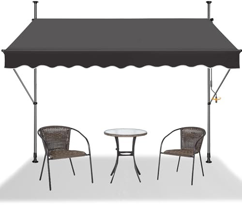 SUBTLETY Tenda da sole allungabile, larghezza 200 cm, per balcone, tenda da sole regolabile in altezza con manovella, resistente ai raggi UV e alle intemperie, senza fori, per esterni (grigio scuro)