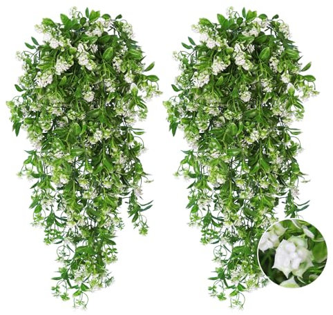 RECUTMS 2Pcs Hanging Flower Artificial Vine Hanging Plants Greenery Faux Greenery Artificial Hanging Plants for Outdoors Hanging Basket Plastic Home Garden Wedding Party Decorations(White)