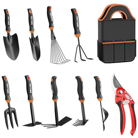 OLYSPM 10-Teiliges Gartengeräte Set,Gartenwerkzeug Set mit 10 Werkzeugen aus Kohlenstoffstahl und 1 Werkzeugtasche für das Ideale Gartengeschenk