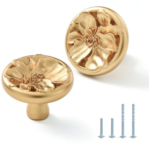Satanga Flower Cabinet Pulls Handle Knob Drawer for Kitchen Dresser Wardrobe Bathroom and Cupboard One Hole Hardware Knobs for Girl Easy Installation Pack of 4 Champagne Bronze