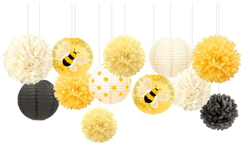 NICROLANDEE Bienen Party Deko 12 Stück Papierlaternen Seidenpapier Pompons