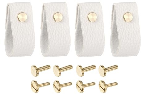 QUARKZMAN Lot de 4 Poignées de Tiroir en Cuir - Remplacement des Boutons Traditionnels pour Tiroirs, Placards de Cuisine, Blanc