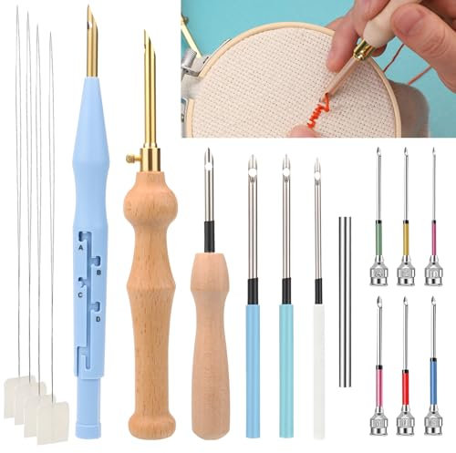 Fomiata 17pcs Punch Needle Set, Embroidery Tool Set, Metal & Plastic, Bag, Includes Punch Needles (10#-50#), Handle, Ladders