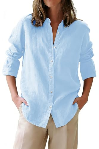 siliteelon Button Down Shirts for Women Oxford Shirt Cotton Dress Shirts Collared Long Sleeve Wrinkle Free Blouse Tops-Baby Blue L