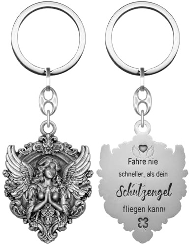 Anwlki Schutzengel Schlüsselanhänger Engel Auto Schlüsselanhänger Anhänger Medaille Plaketten Fahre nie schneller als dein Schutzengel fliegen kann Auto Motorrad Autofahrer Schutzpatron