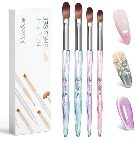 MelodySusie 4Pcs Acrylic Nail Brush Set, Size 8/10/12/14/ Professional Nail Brushes for Acrylic Application Acrylic Powder Nail Extension and 3D Nail Carving for DIY Home Salon Nail Art Manicure Tool