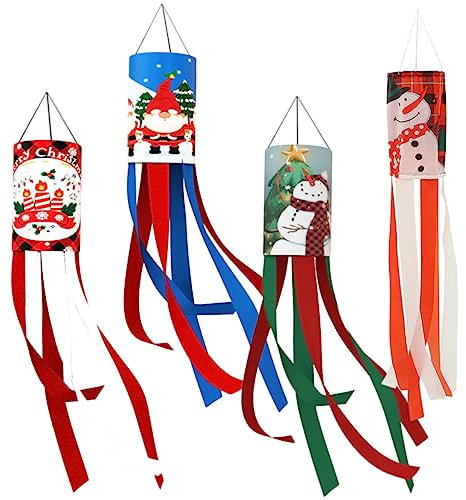 PAMINGONO 4 Stück Dekorative Weihnachts Windsäcke Wetterfest Für Garten Und Hof Hängende Outdoor Deko Verschleißfest Mit Schlüsselband