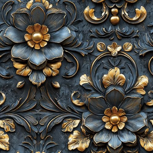 FunStick 44.5CM×9M Papier Peint Adhesif Mural Effet 3D Fleuri Luxueux Gris Foncé Papier Peint Chambre Salon Mur de L'escalier Imperméable Vinyle Adhesif Fleurs Stickers Muraux Bleu Anthracite et Or