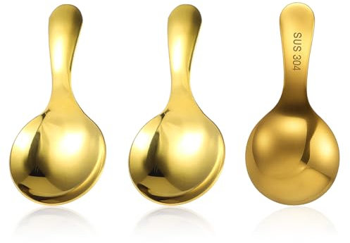 3PCS Short Handle Spoons, 304 Stainless Spoons for Canisters, Silver Mini Scoops, Thickened Small Round Spoon, Small Coffee Scoops Candy Scoops for Salt Sugar Condiments Tea Desserts Coffee (Gold)