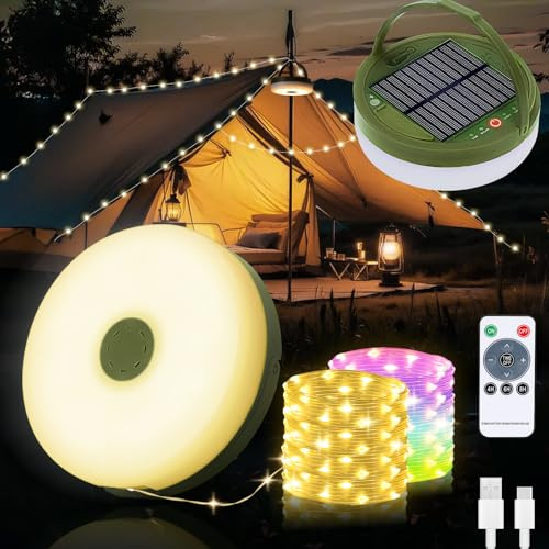 Yizhet Catena Luminosa Solare da Campeggio, 10M Stringa di Luci Avvolgibile | Bianco Caldo e Colorato, 8 Modalità, Ricaricabile USB C e Impermeabile IPX4 per Giardino Esterno