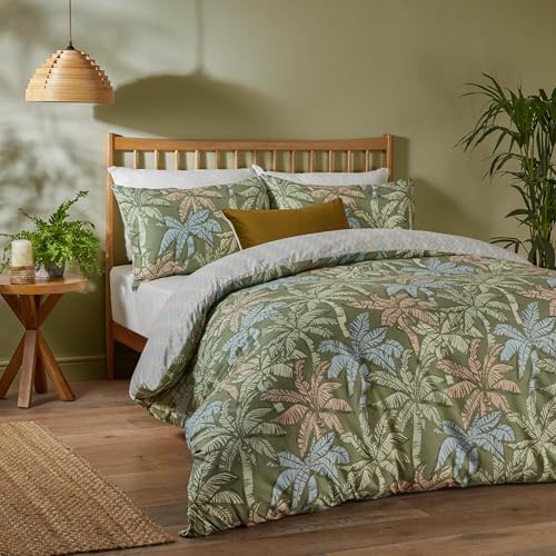 Copripiumino Kentia Duvet Day - Biancheria da letto reversibile con stampa tropicale con palme e motivi geometrici (verde palma - matrimoniale)