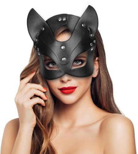 Demi-masque noir en cuir pour femme - Masque de bal masqué pour Halloween et cosplay - Bande réglable pour plus de confort, noir, taille unique