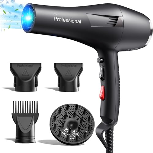 HappyGoo Hair Dryer Professional Ionic Hairdryer Fast Drying Salon with 2 Speed 3 Heat Setting, Cool Button, with Diffuser, Nozzle, Concentrator Comb for Women Man (Starry Black)
