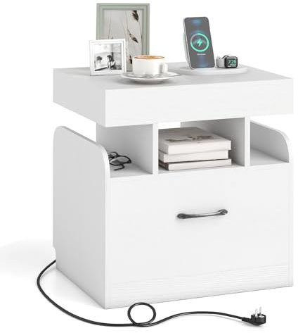 RELAX4LIFE Comodino Camera da Letto con Stazione di Ricarica, 2 Porte, Porta USB e Porta Type-C, Cassetto e Ripiano Superiore Scorrevole,Tavolino per Camera da Letto, Soggiorno (Bianco)