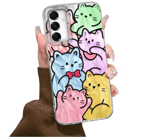 Tedyhulle Fodral för Samsung Galaxy A15 4G/5G, estetiskt tecknat kattmönster för kvinnor, söt design, färgglatt, reptåligt, stötsäkert skal, tunn TPU-silikon, hårt PC-skyddsskal