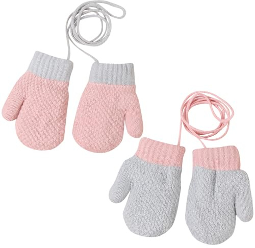 Mayoii 2 Pairs Toddler Mittens Winter Knitted Baby Mittens with String, Warm Fleece Lined Toddler Gloves Age 1-3 for Boys Girls, Anti-Lost Full Finger Gloves for Cold Weather (Pink and Grey, One Size)