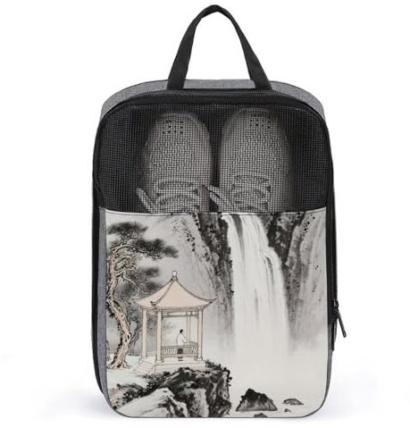 Travel Shoes Bag, Waterfall Viewing from The Pine Pavilion Travel Bags for Shoes, Travel, Sports, Foldable Shoe Pouch for Men And Women