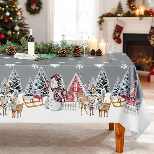 Meetory Weihnachten Tischdecke - Grau 140 x 220cm Waschbar Weihnachtstischdecke Rechteckig Weihnachtsdecken Weihnachtsdeko Tischdecke mit Weiß Schneemann Schneeflocke Rentier Weihnachtsbaumdekoration