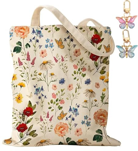 ZenyTra Blumen Baumwoll Tragetasche mit 2 Schmetterling Schlüsselanhänger, 66x35.5cm Große Wiederverwendbare Einkaufstasche für Damen, Arbeit, Reisen & Fitness
