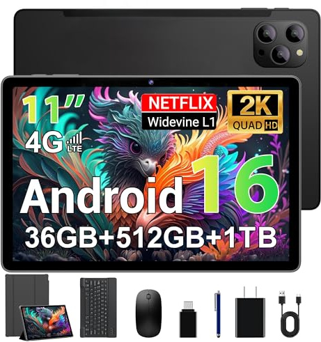 FASTWD Tablet 11 Pulgadas Android 16 Tableta Gaming con 4G Doble SIM y 5G WiFi,Octa-Core,36 GB RAM+512 GB ROM (1TB TF), 2K incell120Hz,8000mAh,13MP+8MP,Tablets con Teclado,Negro
