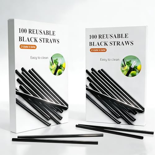 Plastic Straws Pack of 100 Reusable Straws with Brush 21mm x 6mm Perfect for Cocktails, Milk, Juice, Tea (Drinking Straws)（Black）