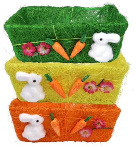 Needzo Easter Egg Hunt Grass Woven Bin with Flower Carrot and Bunny Decor, Empty Colorful Goodie Basket, Orange Green or Yellow, 2.76 × 7.87 × 5.91 Inches, Pack of 3