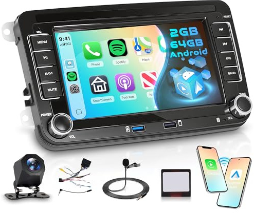 Rimoody Android Car Radio for VW Passat Jetta Tiguan Golf MK5 MK6 T5 EOS | for Polo Touran Seat Sharan 4 Core 64G Wireless Carplay Android Auto 7'' Touchscreen Bluetooth FM RDS GPS WiFi EQ Rear Camera
