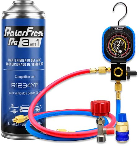 Ralerfresh RC 3 en 1 – Recarga Aire Acondicionado Coche R1234yf Desde 2017, Gas Refrigerante, Sella Fugas, Lubricante (RC31 + Llave + Manómetro RF31 + conect. Baja)