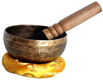 4 Inch Mantra Carved Buddha Tibetan Singing Bowl, Hand Hammered Nepal Yoga Singing Bowls with Cushion & Mallet Striker