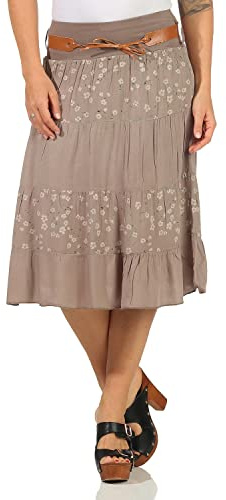 ZARMEXX Damen Midirock Baumwollrock Sommerrock Knielang mit Gürtel Rock mit Blumenmuster (Cappuccino)