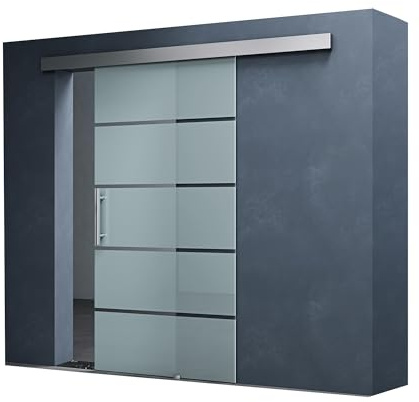 Mai & Mai Glasschiebetür komplettset 102,5x205cm Milchglas Streifen | Zimmertür, Griffart: Stangengriff, 15 mm Wandabstand, 8mm ESG-Sicherheitsglas Amalfi